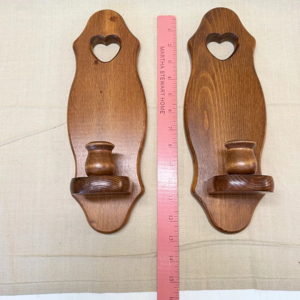 Vintage Wood Wall Sconce Candle Holder Pair Heart Cutout Country Farmhouse Brown